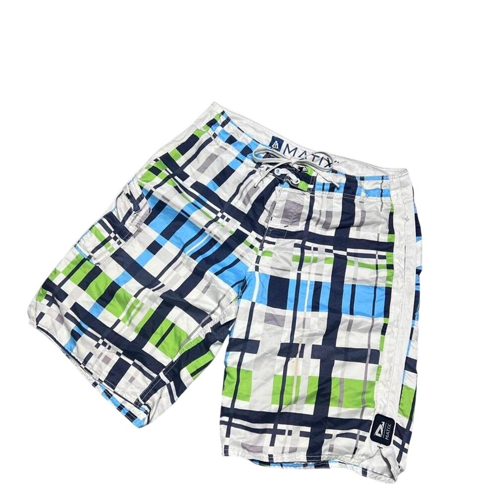 Y2K Matix Plaid Board Shorts Mens Large Blue Green Surf Skater Swim Trunks